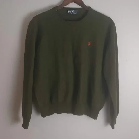 Army Green Wool Sweater, 100% Merino Wool, Polo RL Pony Logo Sweater - Picture 1 of 7